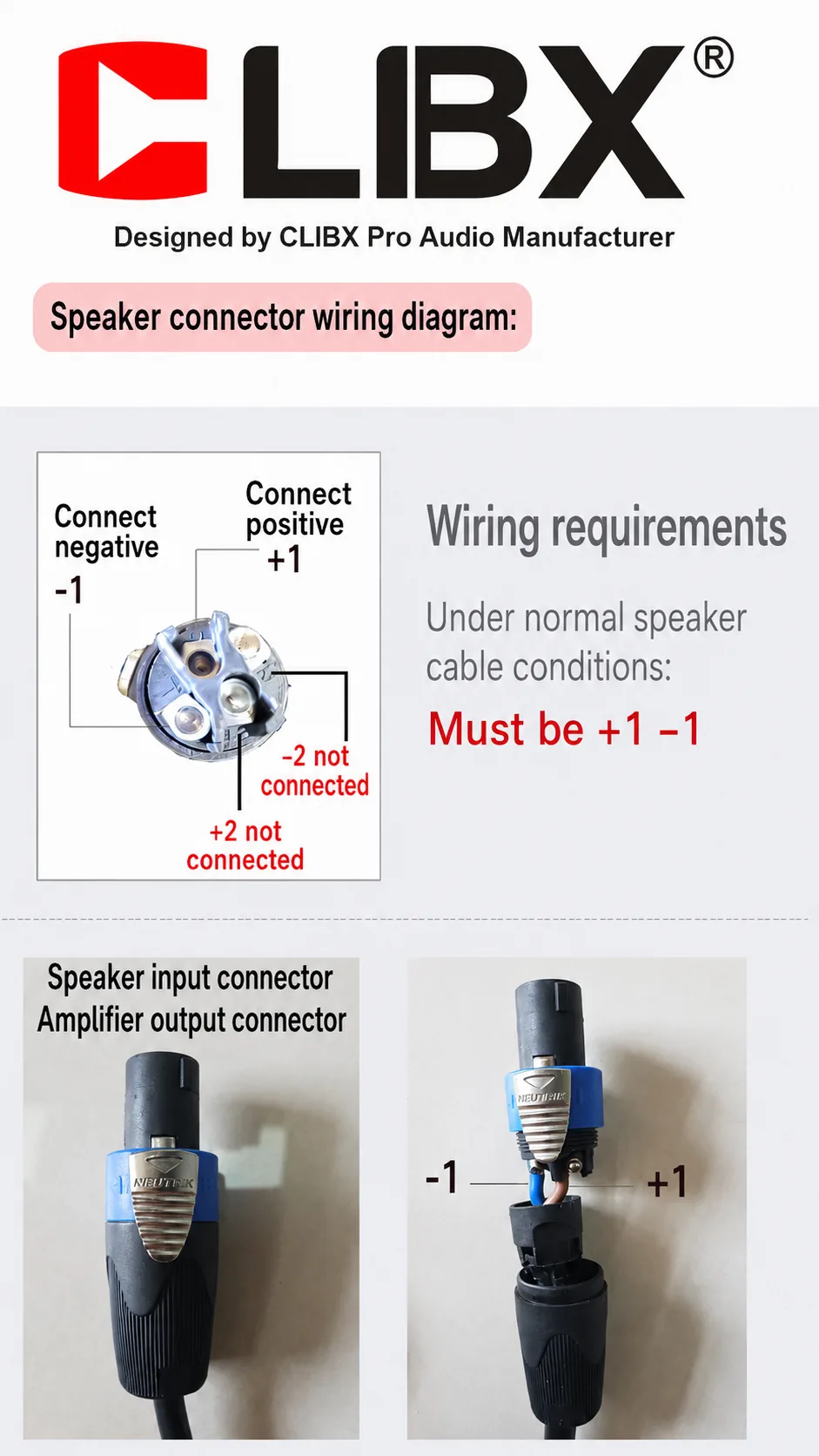 CLIBX speaker connector wiring diagram showing +1 positive and -1 negative