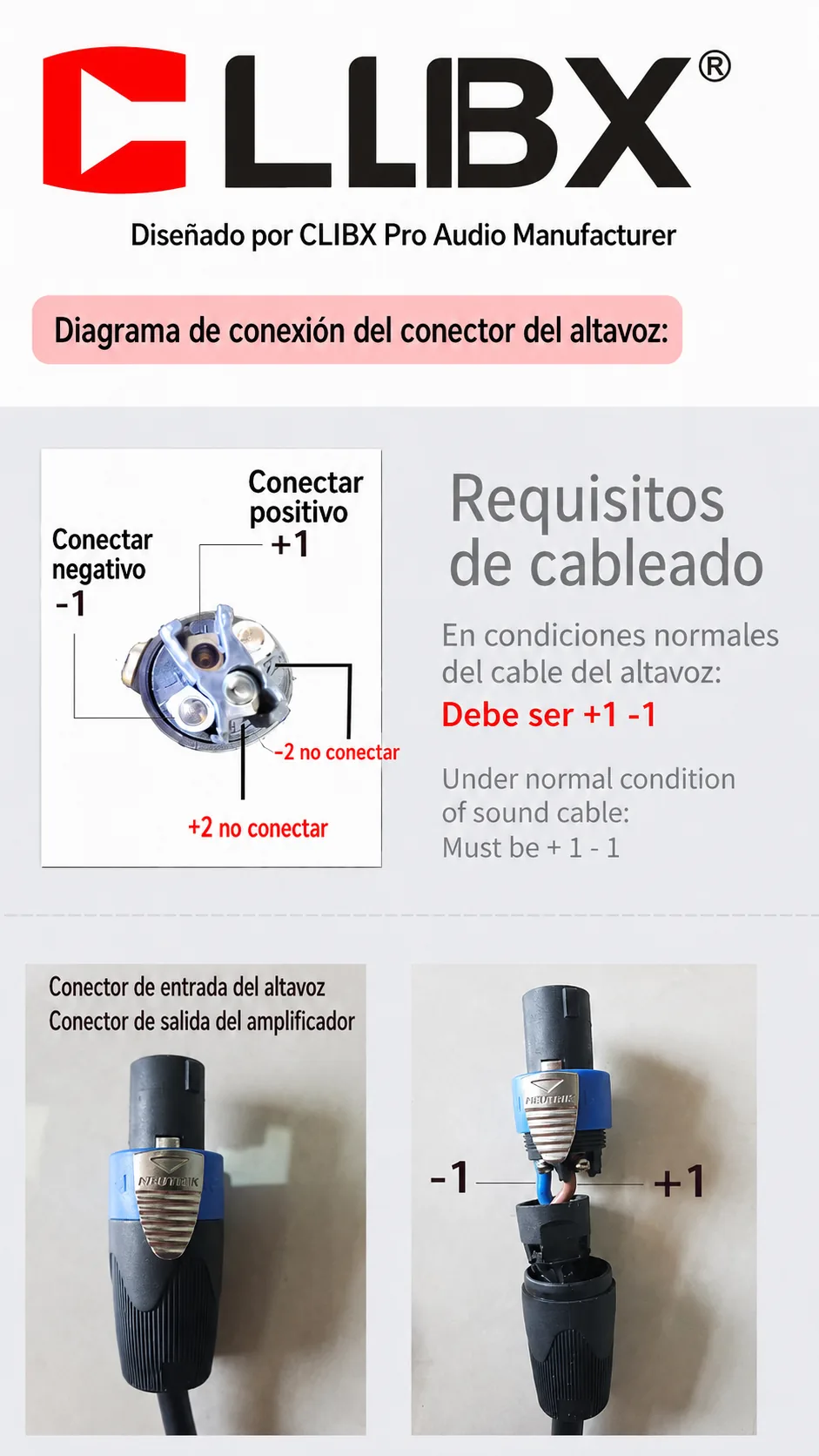 Diagrama CLIBX de conexion del conector del altavoz con +1 positivo y -1 negativo